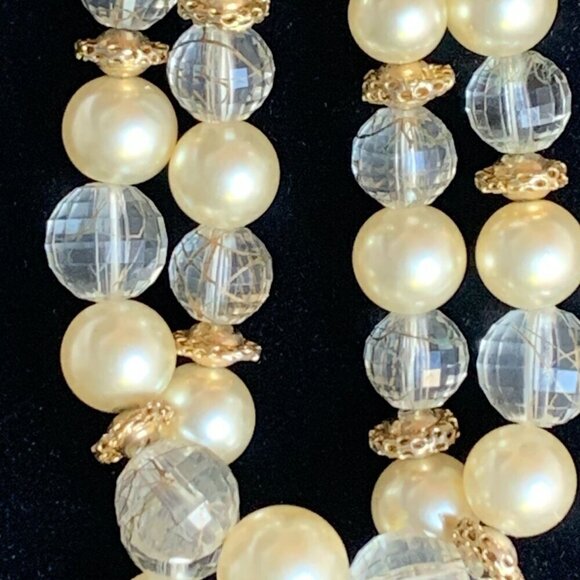 Vintage Marvella 1950's Double-Strand Faux Pearl Crystal Bead Necklace Bow Clasp - Picture 5 of 5